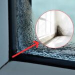 finestra con condensa, e una freccia rossa che indica cornice rotonda con dentro angolo finestra con muffa