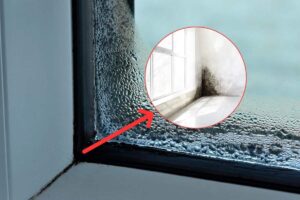 finestra con condensa, e una freccia rossa che indica cornice rotonda con dentro angolo finestra con muffa