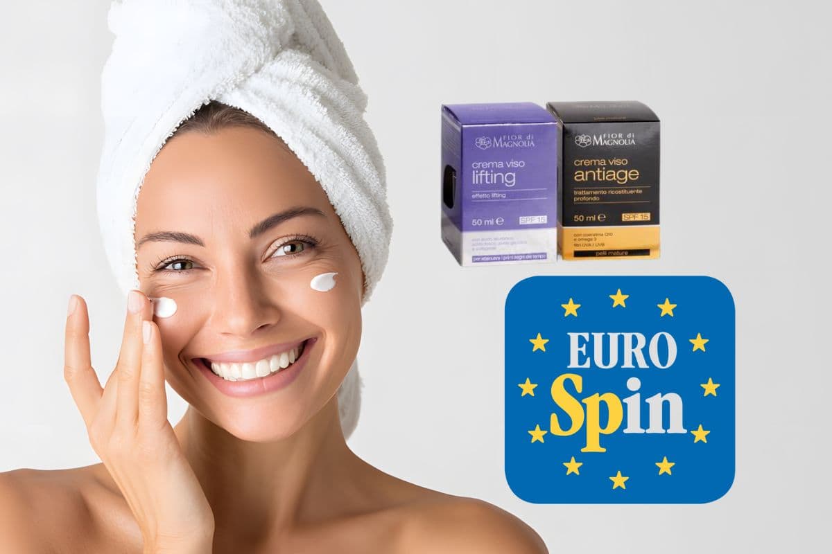 donna che applica crema sul viso logo eurospin e due tipologie di crema di fior di magnolia