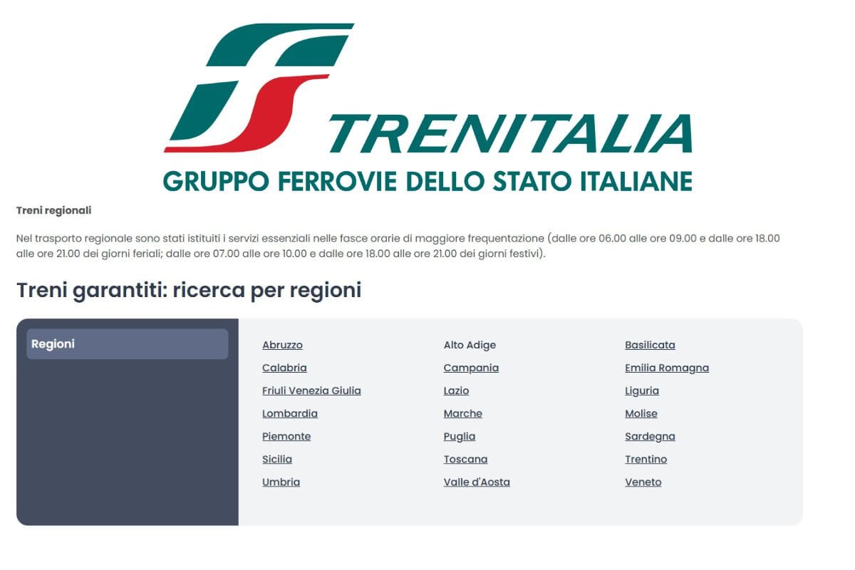 screen sito Trenitalia fasce garanzia