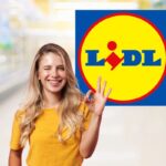 corsia supermercato, logo lidl e donna che fa segno ok felice