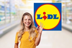 corsia supermercato, logo lidl e donna che fa segno ok felice