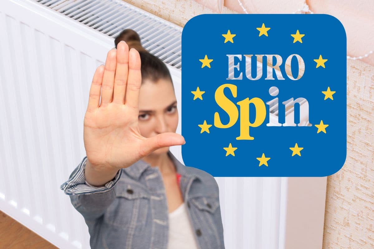 logo Eurospin, termosifone e donna che fa segno dello stop