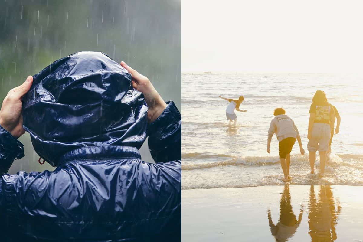metà immagine uomo che copre la testa per la pioggia, altra metà bambini che giocano in spiaggia