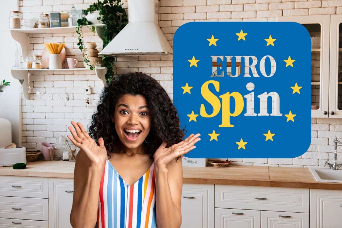 cucina con logo eurospin e donna stupita