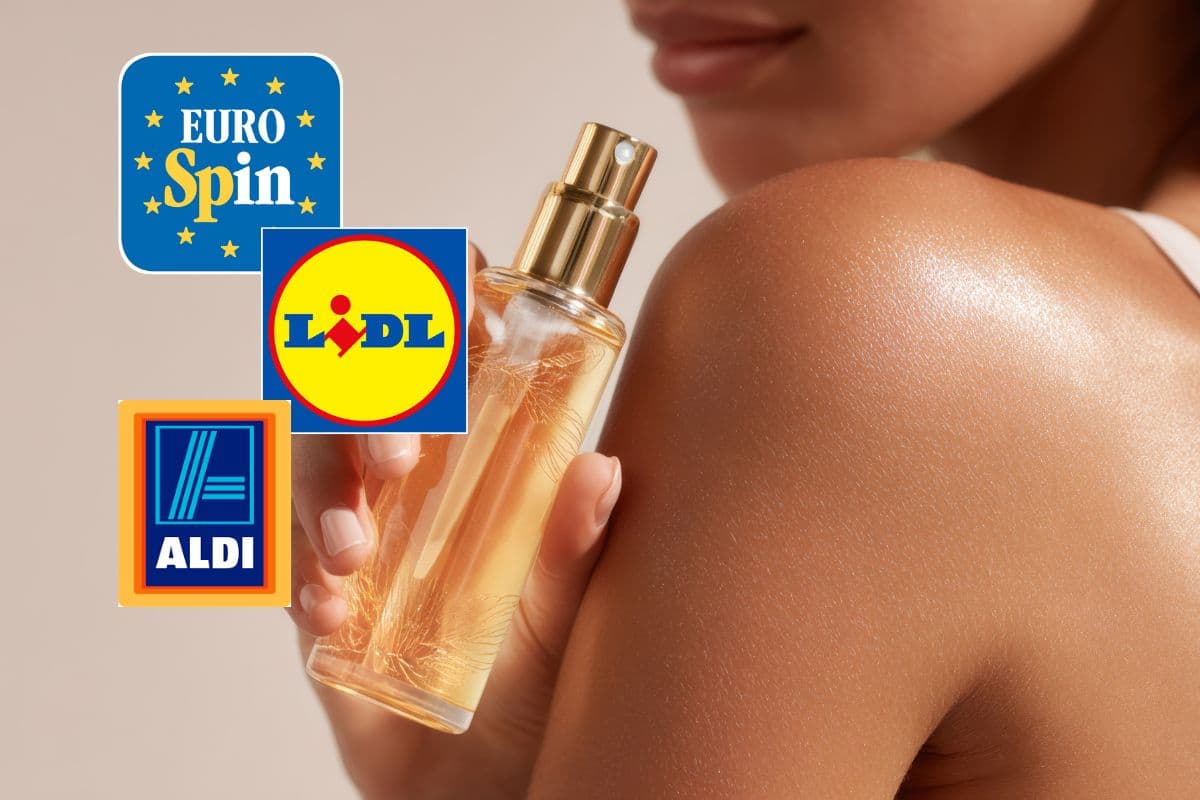 donna con profumo e loghi eurospin, lidl e aldi