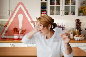 cucina, con segnale pericolo e donna con occhi coperti con una mano che tiene in mano uno scontrino