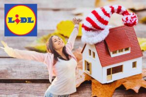 logo lidl casa con cappellino foglie secche e donna felice