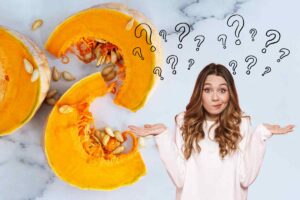fette di zucca, donna dubbiosa, punti interrogativi