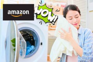 donna abbracciata ad un asciugamano logo amazon grafica wow