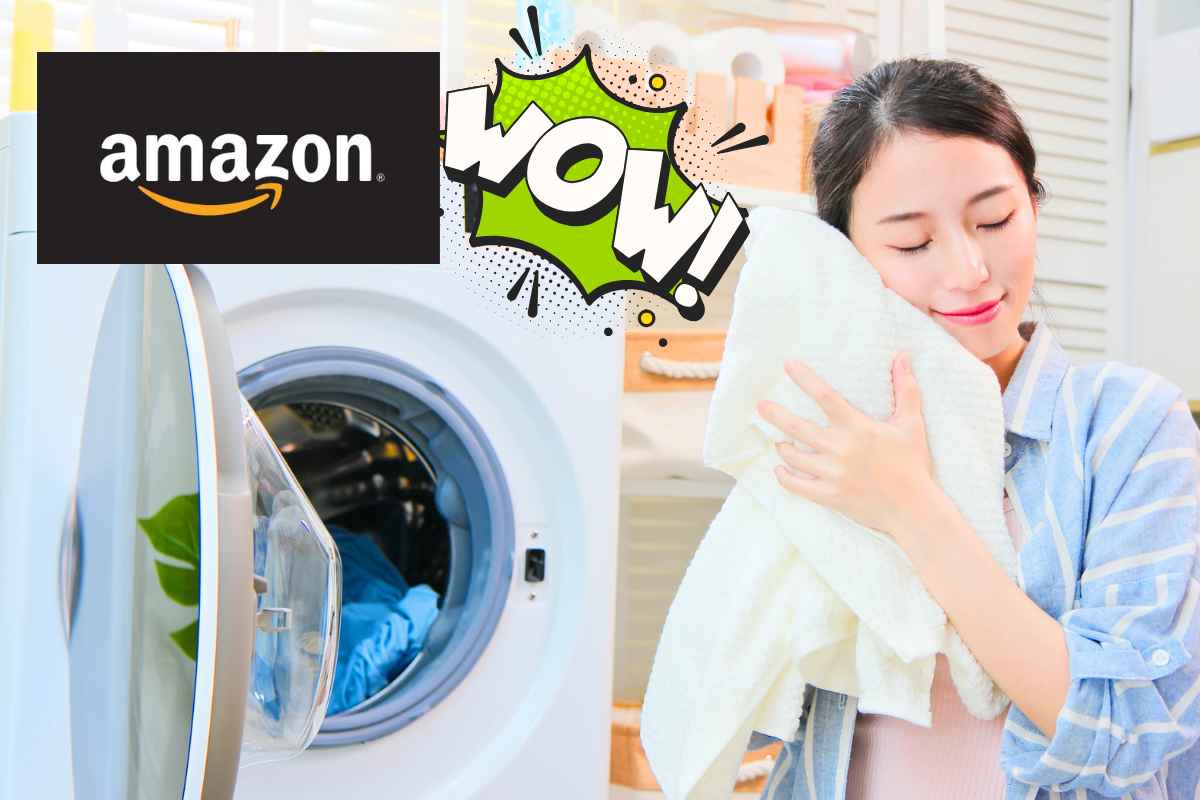 donna abbracciata ad un asciugamano logo amazon grafica wow