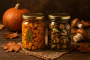 barattoli di funghi e zucca sott'olio