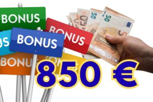 cartelli con scritte bonus, 850 euro e mano che porge banconote 50 euro