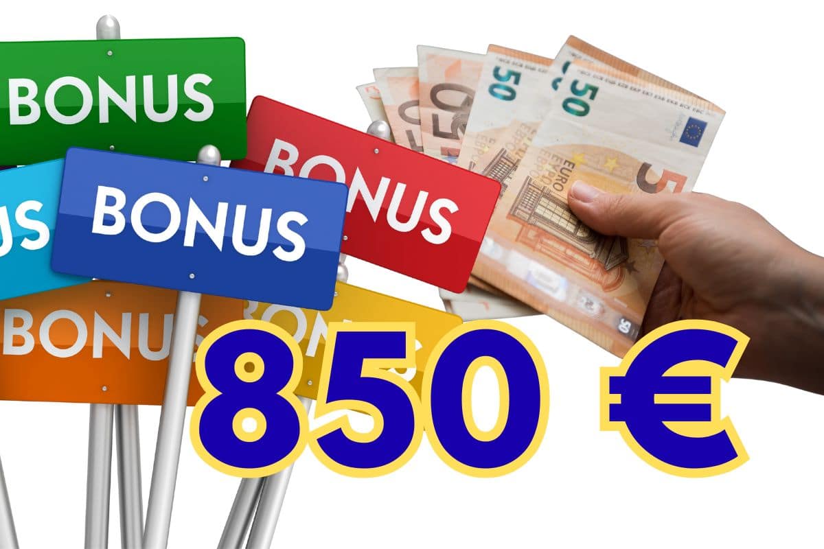 cartelli con scritte bonus, 850 euro e mano che porge banconote 50 euro