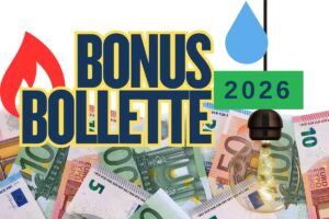banconote euro con scritta bonus bollette 2026, con goccia acqua, lampadina e simbolo gas