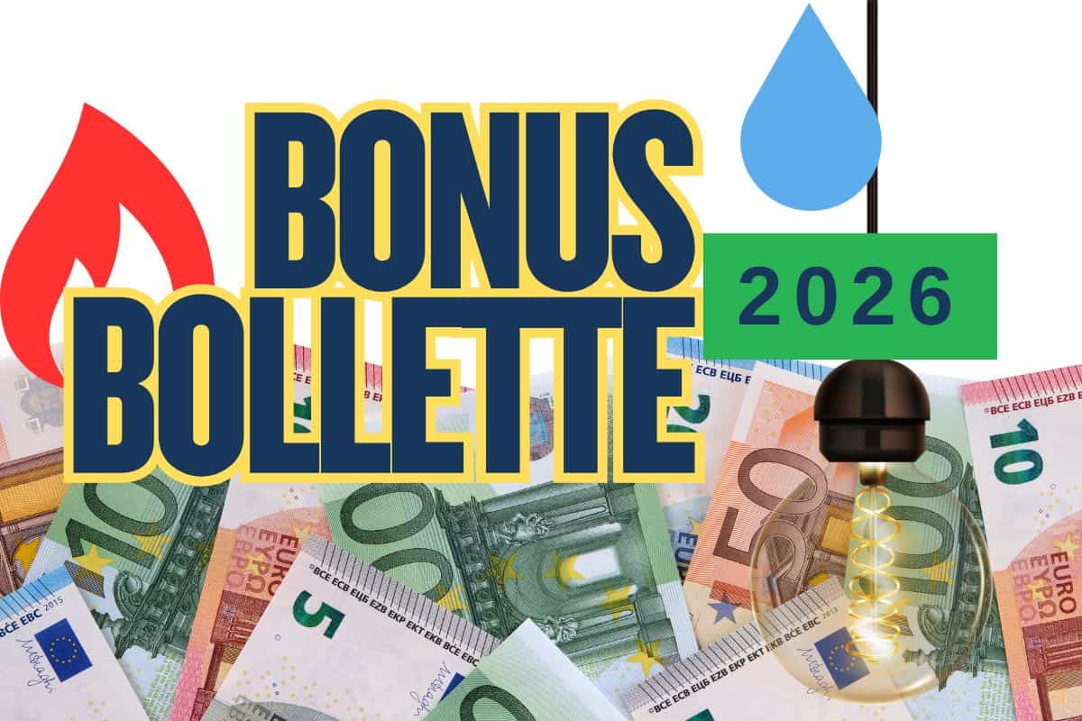 banconote euro con scritta bonus bollette 2026, con goccia acqua, lampadina e simbolo gas