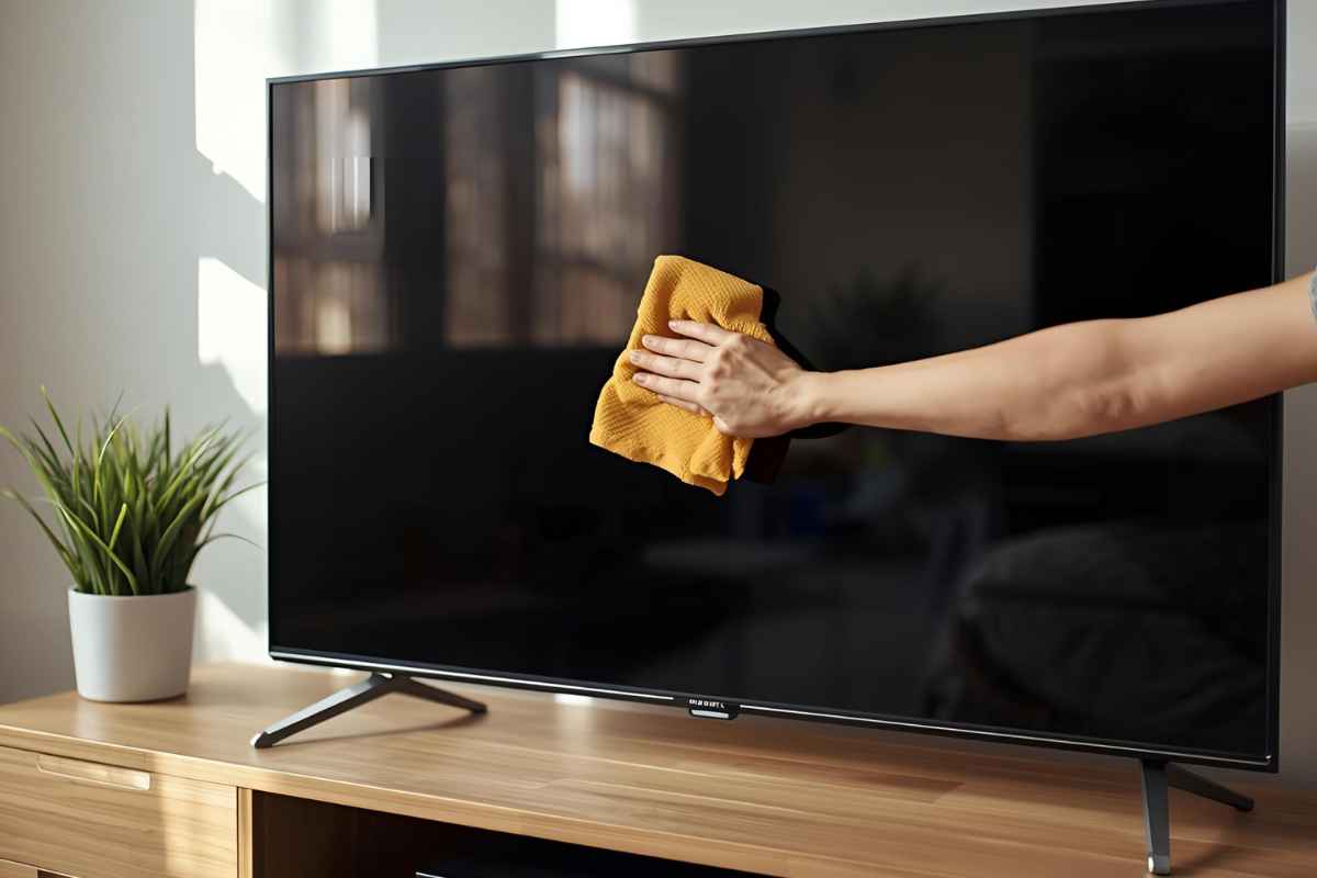 una mano pulisce uno schermo con panno in microfibra