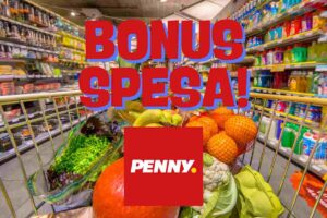 carrello della spesa, logo penny e scritta Bonus Spesa!