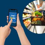 persona usa app eurospin e nel cerchio donna col carrello della spesa