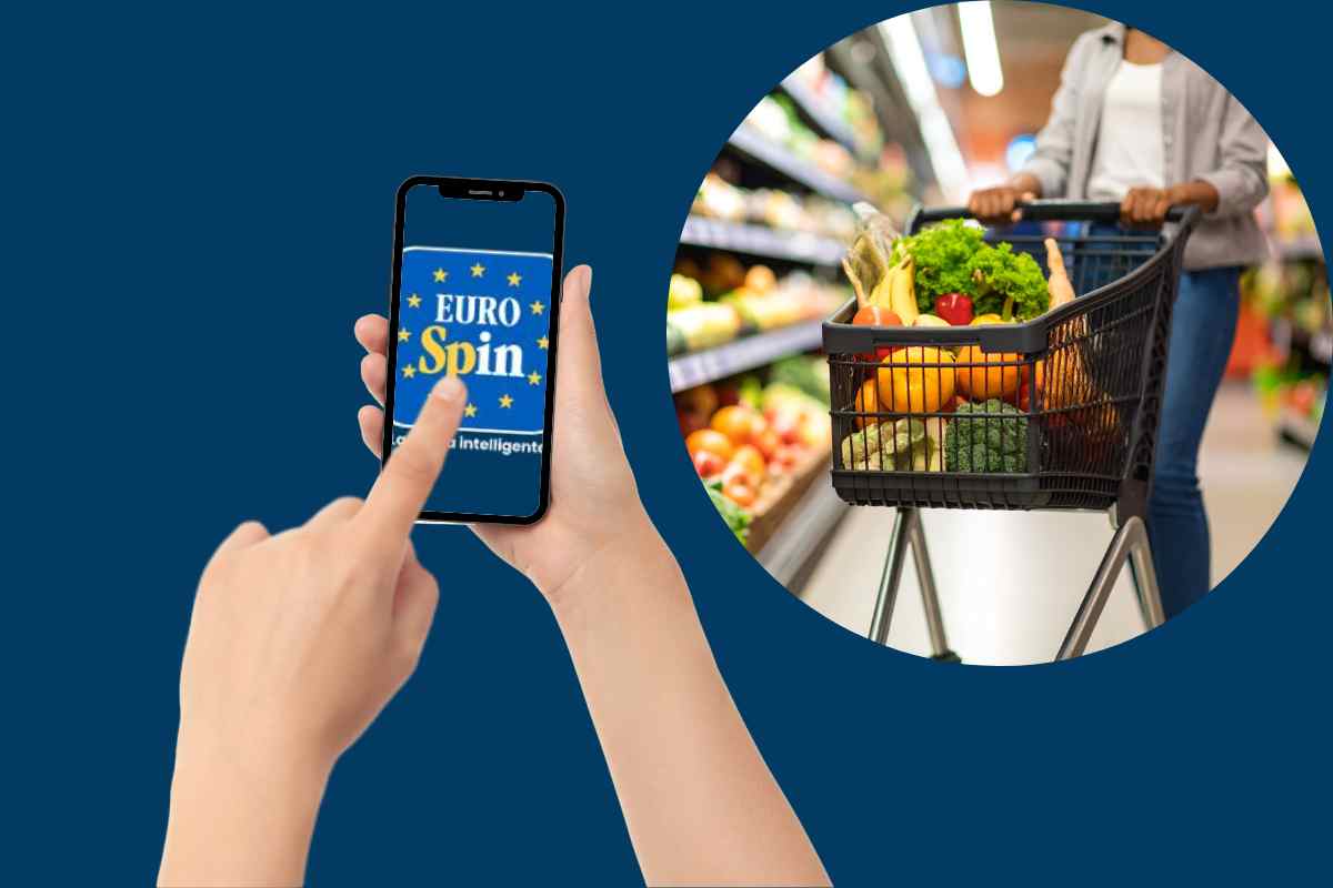 persona usa app eurospin e nel cerchio donna col carrello della spesa
