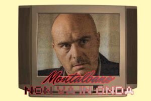 Una scena del commissario Montalbano sul televisore e la scritta Montalbano in va in onda