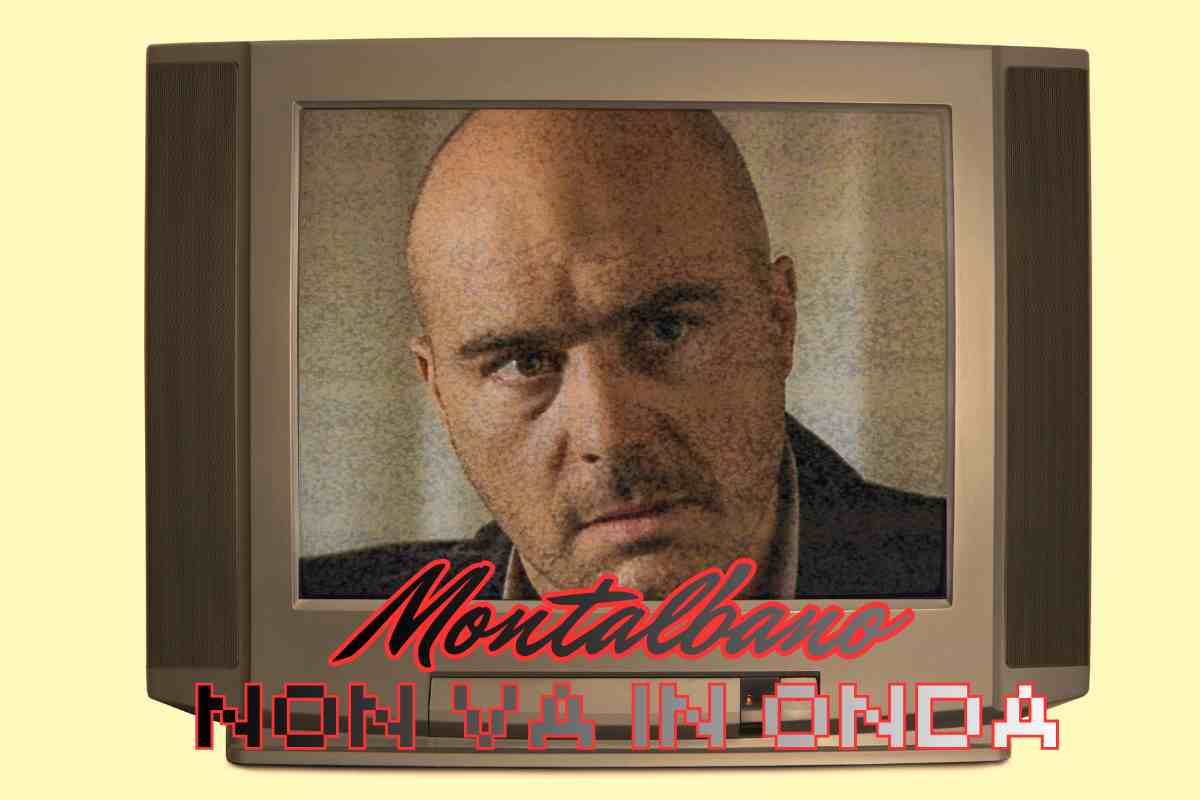 Una scena del commissario Montalbano sul televisore e la scritta Montalbano in va in onda