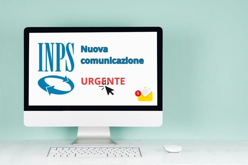 pc con logo inps, scritta nuova comunicazione urgente e casellina email