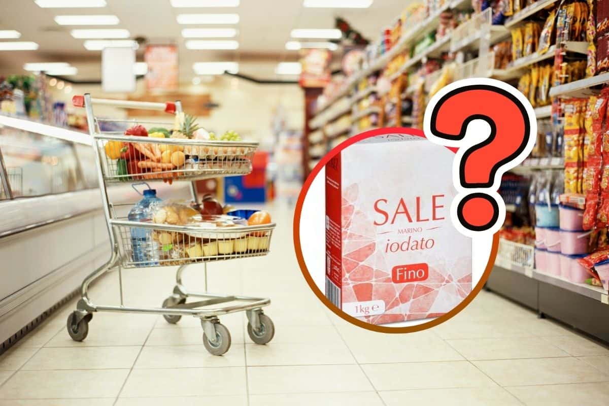 corsia supermercato con carrello pieno di alimenti e in una cornice rotonda sale iodato e punto interrogativo rosso
