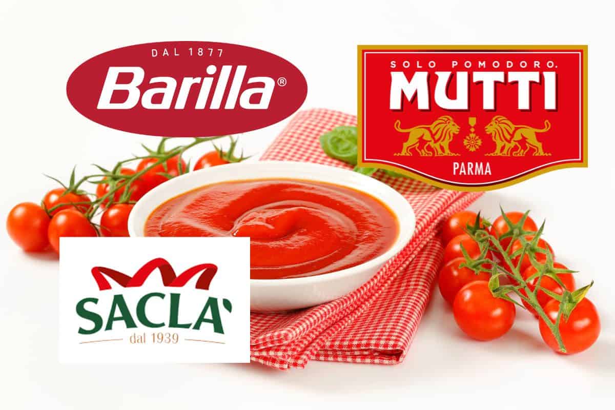 passata di pomodoro in una ciotolina con loghi mutti, barilla e saclà