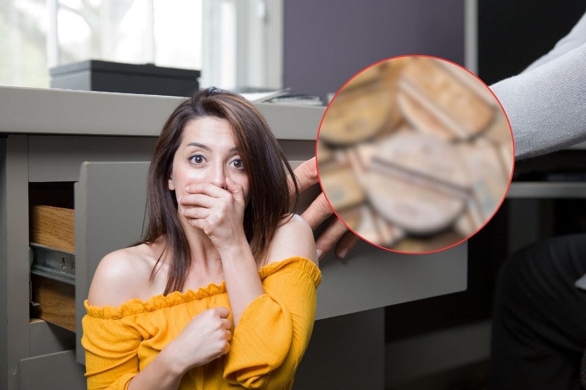 mano di donna che apre cassetto, in primo piano donna stupita e cornice rotonda con dentro gettoni telefonici pixellati