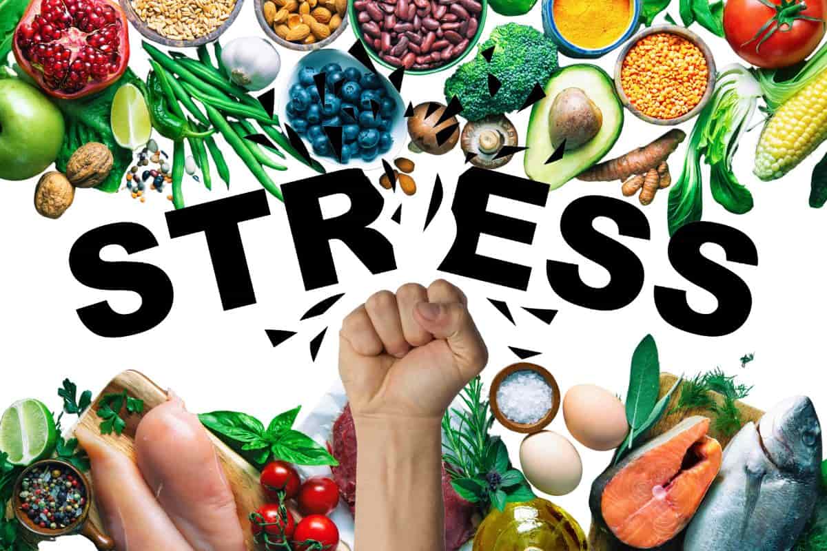 Pugno che rompe la scritta stress e cibo come cornice immagine