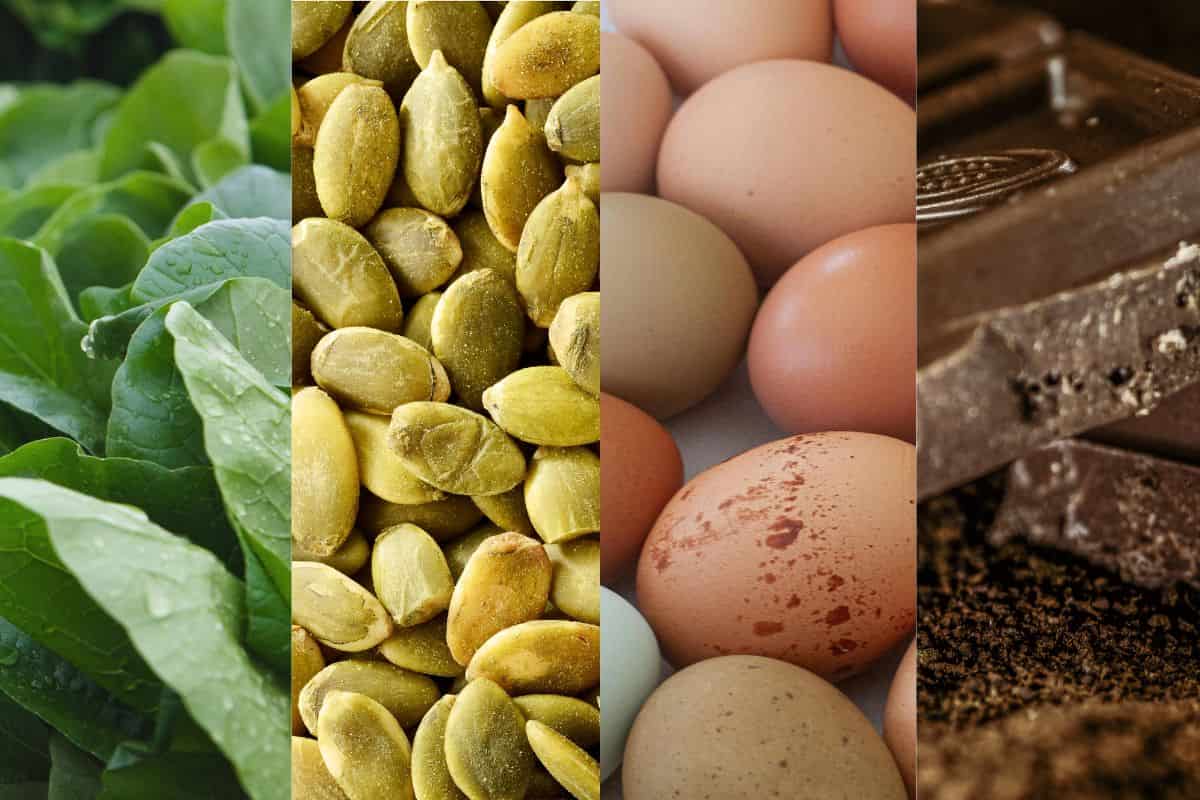 Spinaci, semi di zucca, uova e cioccolato fondente