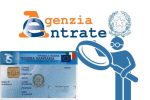 logo agenzia delle entrate, tessera sanitaria e omino con lente ingrandimento