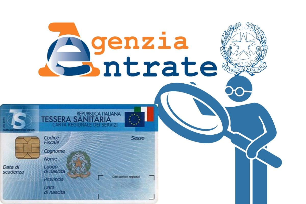 logo agenzia delle entrate, tessera sanitaria e omino con lente ingrandimento