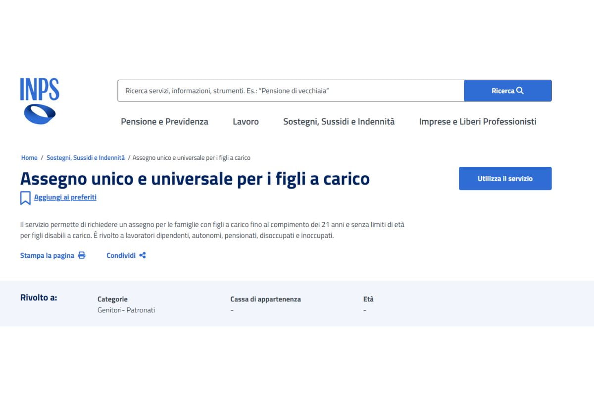 screen sito INPS assegno unico