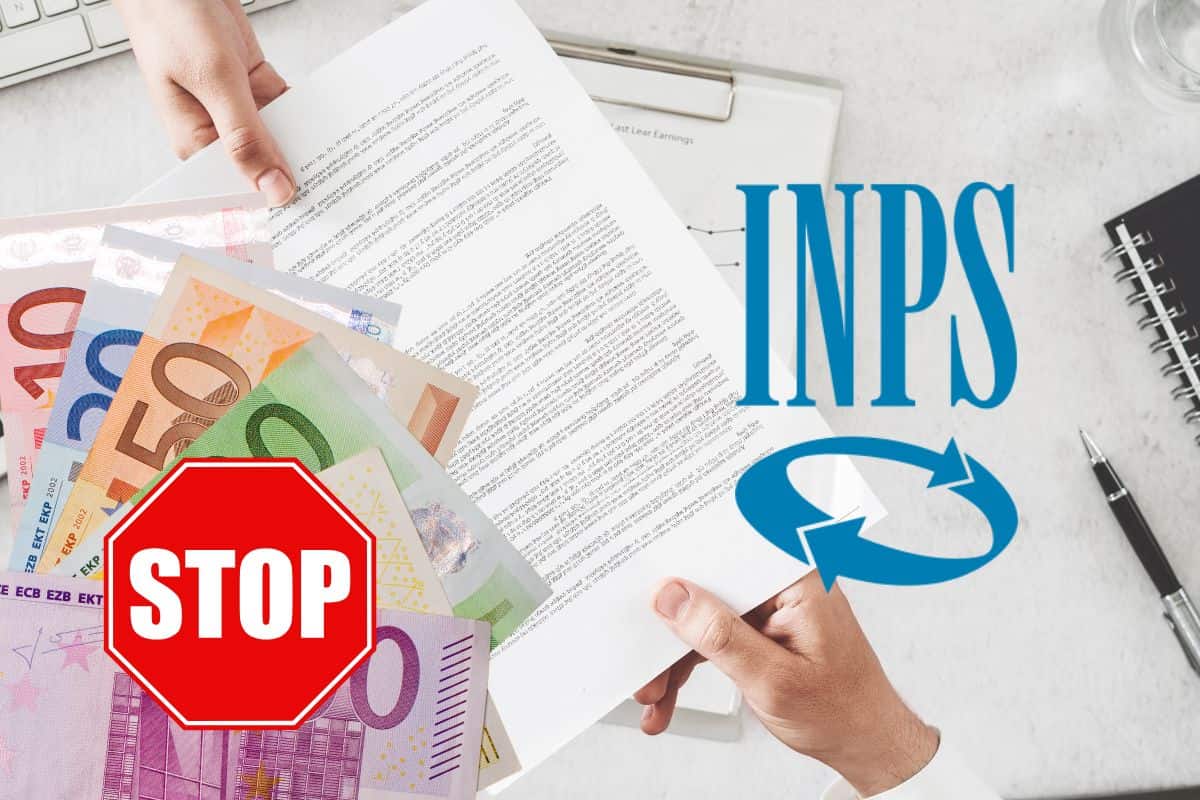passaggio di mano di documenti, logo inps e banconote euro con segnale stop sopra
