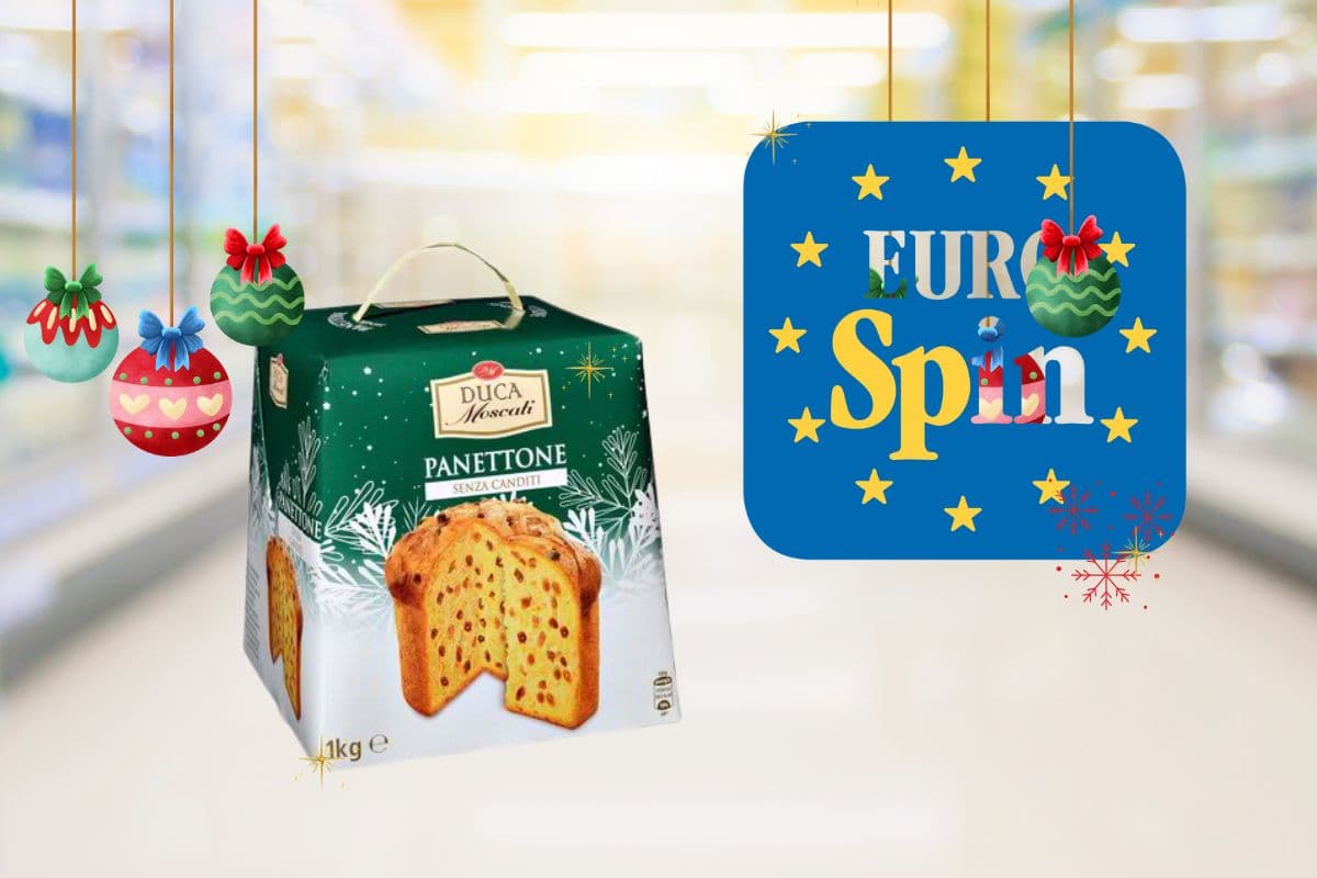 corsia supermercato con panettone eurospin, logo eurospin e qualche addobbo natale
