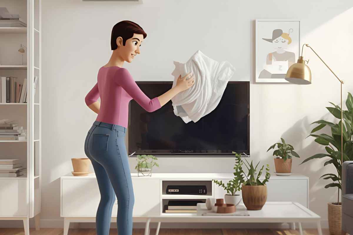 immagine grafica di donna che pulisce lo schermo di una tv