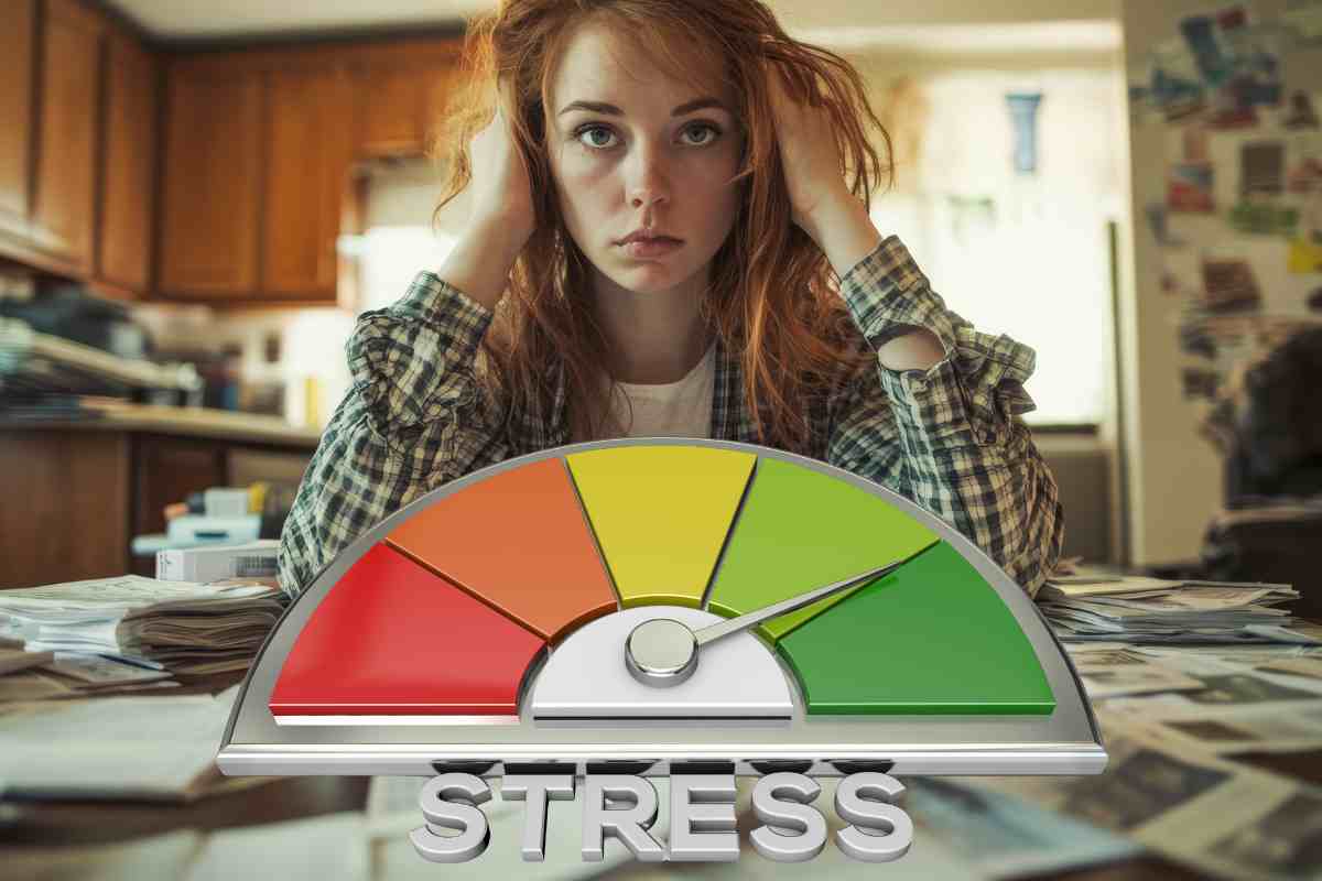 donna stressata e davanti un indicatore grafico del livello di stress