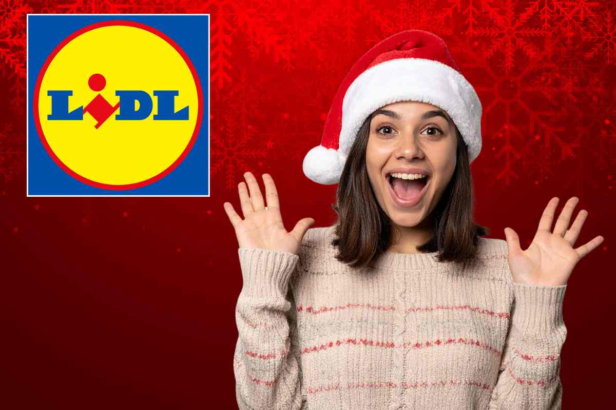 sfondo natalizio donna felice con cappello natalizio logo lidl