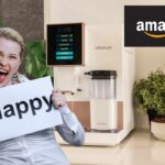 donna felice cartello happy macchina caffè logo amazon