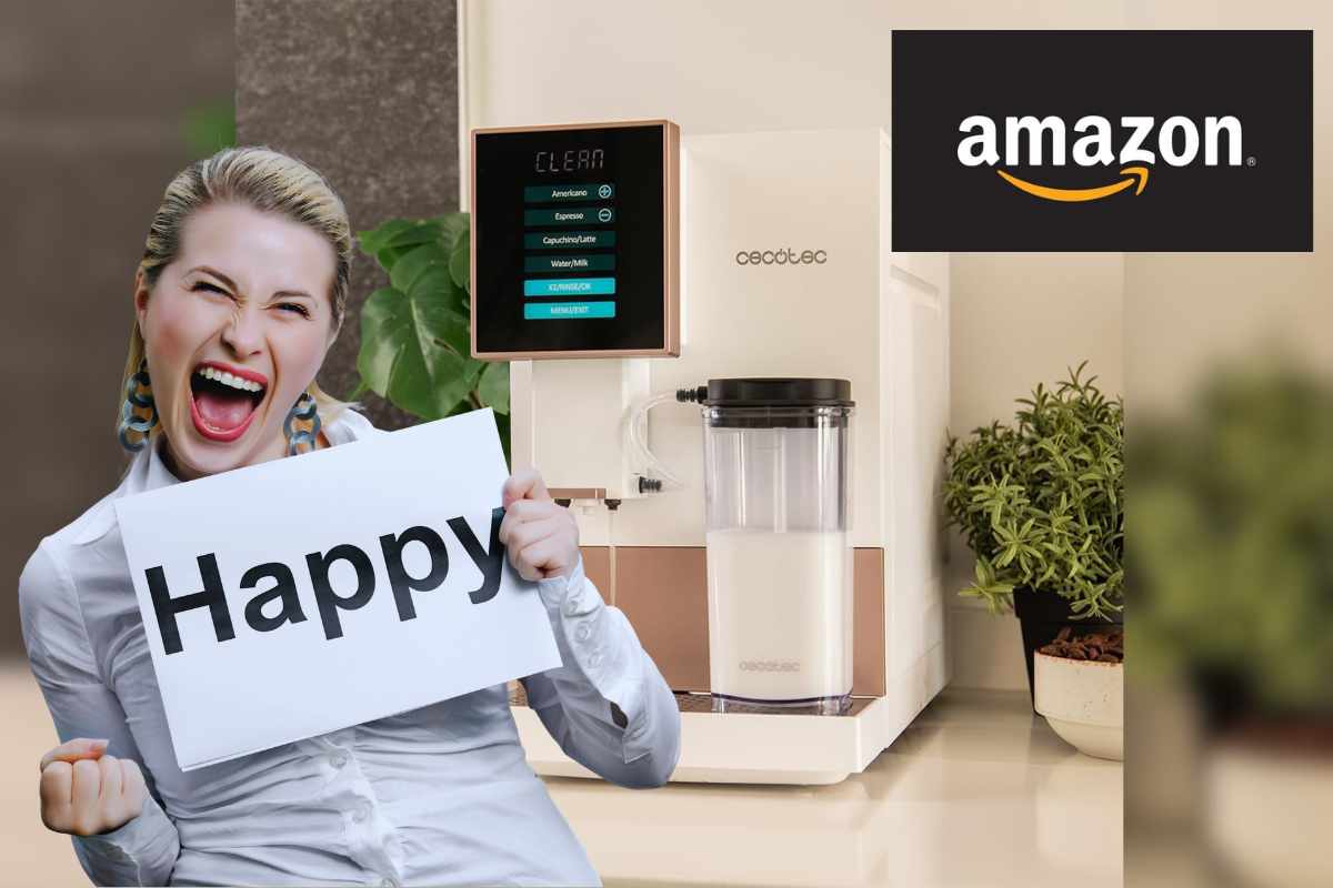 donna felice cartello happy macchina caffè logo amazon