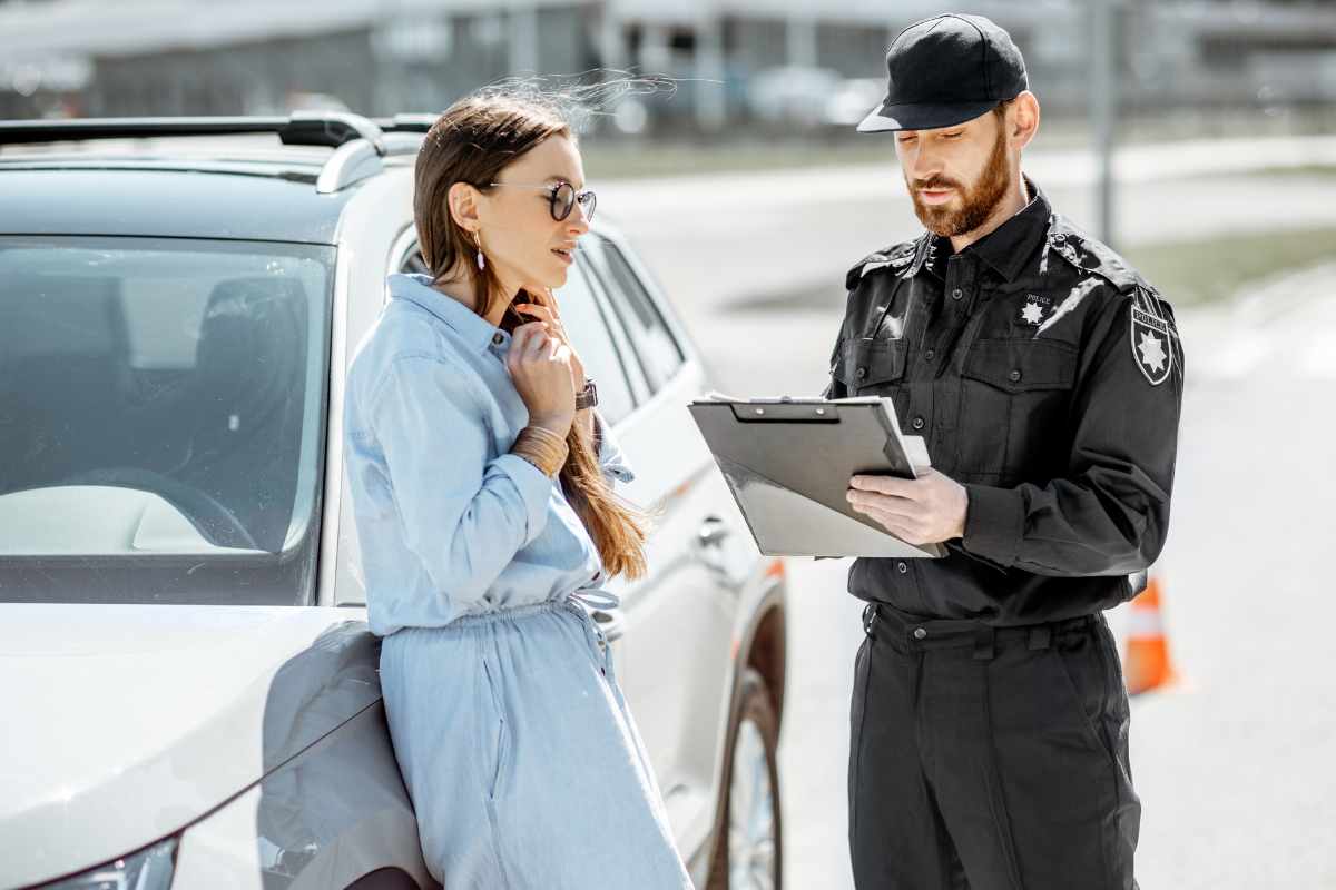 donna fuori dall'auto che parla con poliziotto