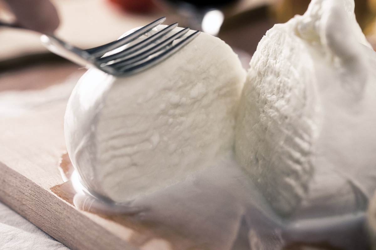 mozzarella tagliata a metà, forchetta