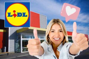 supermercato, donna con pollici in su, logo lidl grafica cuore