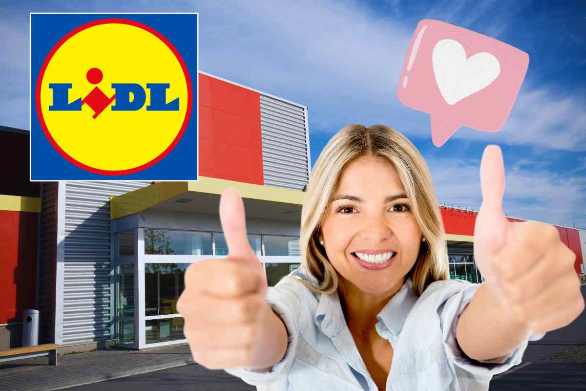 supermercato, donna con pollici in su, logo lidl grafica cuore