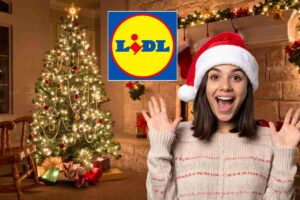 soggiorno con albero di natale, logo lidl e ragazza felice
