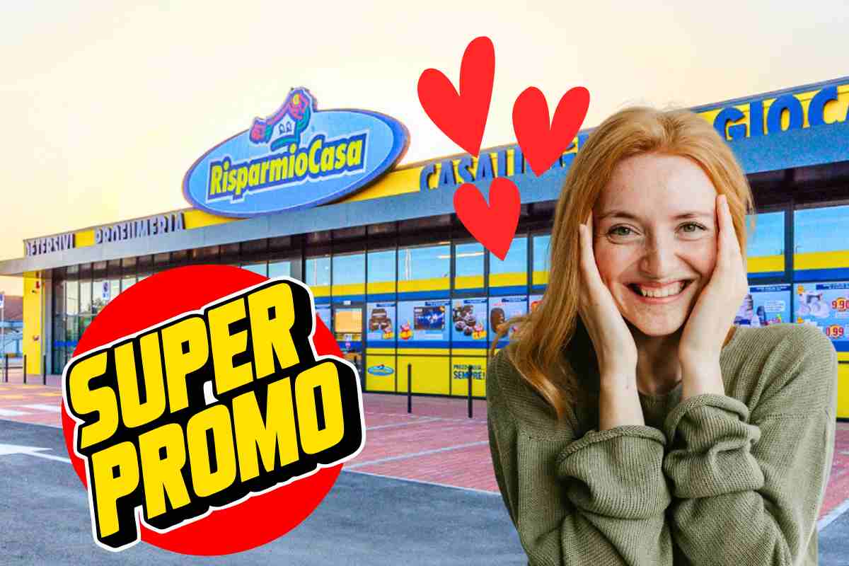grafica super promo negozio risparmio casa donna felice e cuoricini