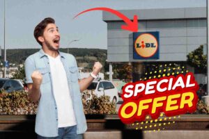 uomo stupito negozio lidl freccia grafica special offer