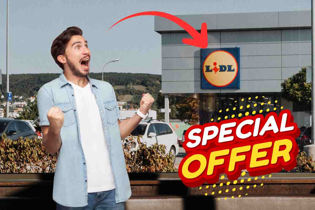 uomo stupito negozio lidl freccia grafica special offer